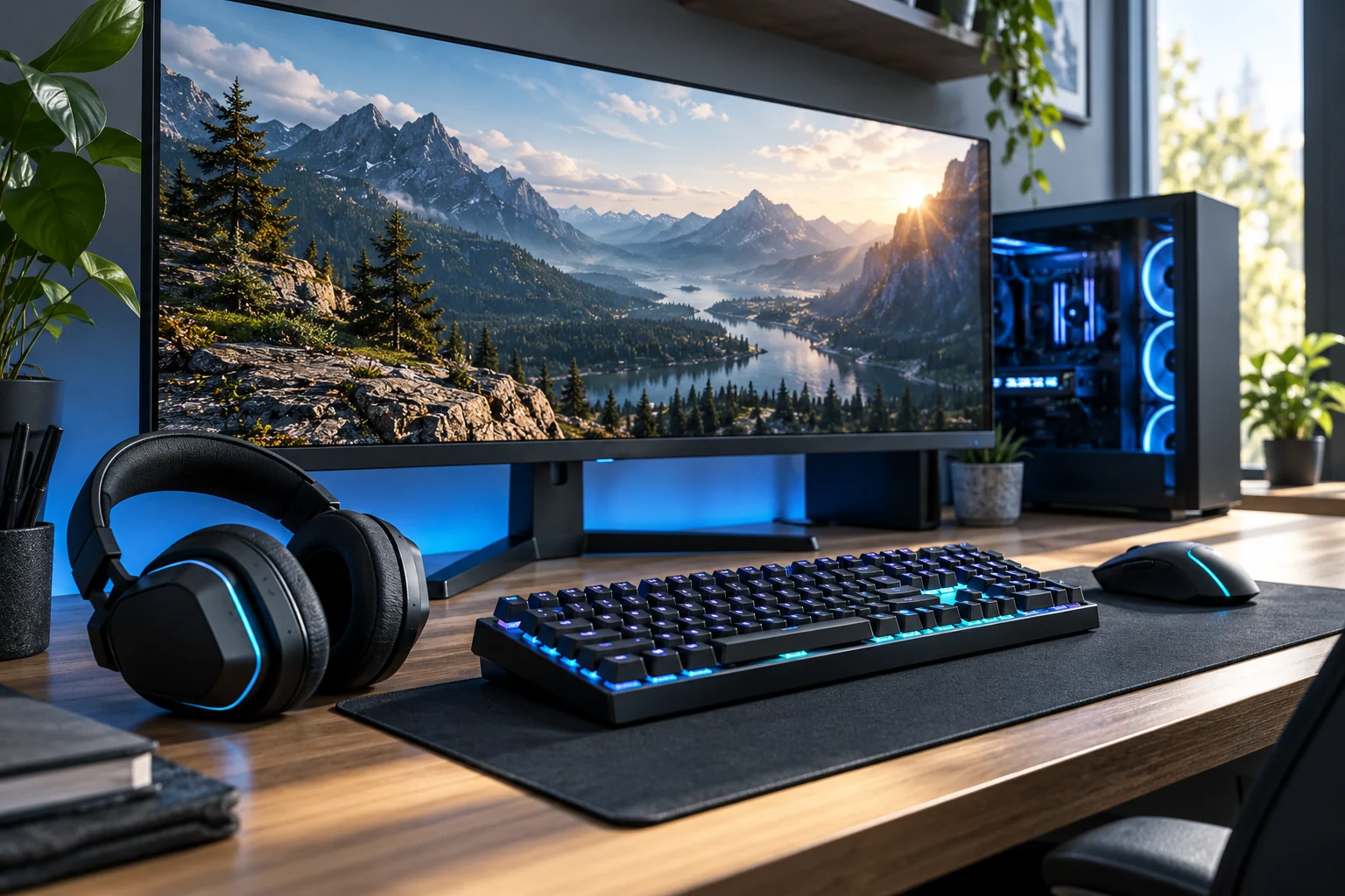 Domače gaming okolje z ukrivljenim monitorjem, tipkovnico, miško in brezžičnimi slušalkami