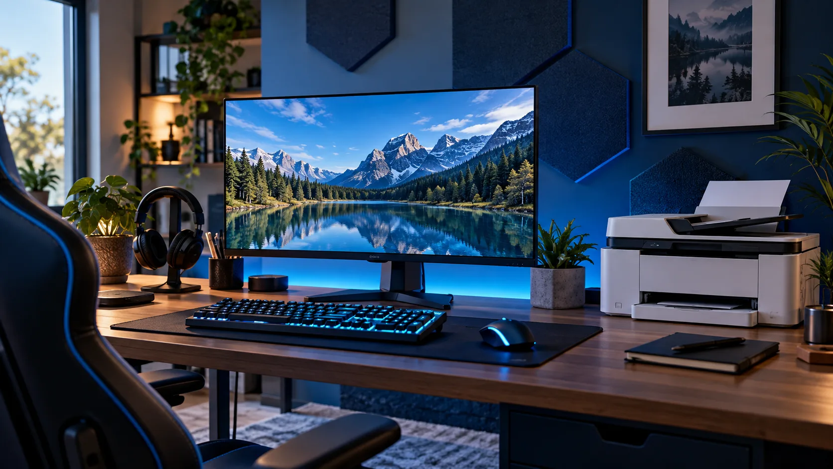 Domači gamerski kotiček z gamerskim monitorjem, tipkovnico, miško in multifunkcijskim tiskalnikom